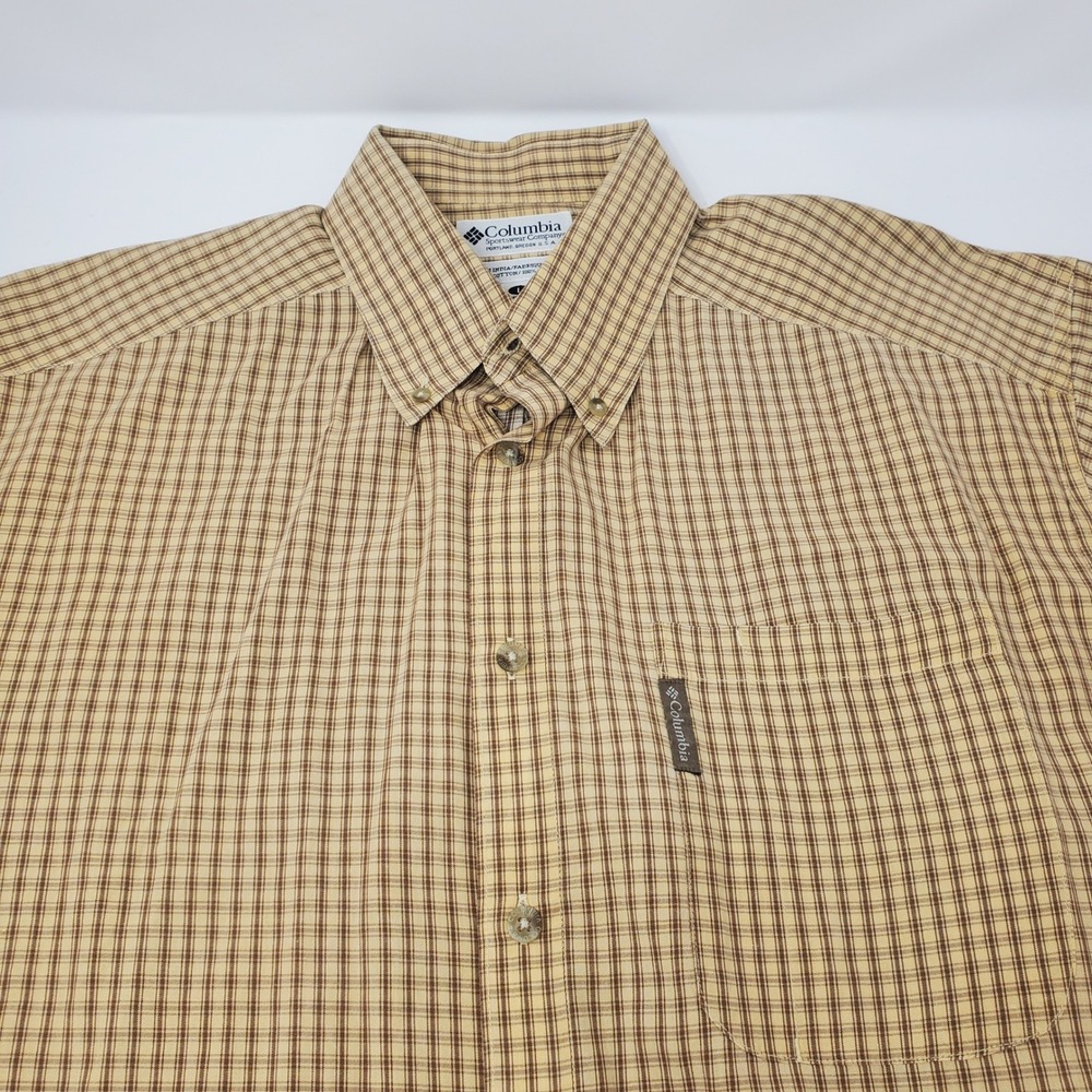 Columbia Shirt Mens L AM7924 Tan Plaid Button-down Short Sleeve Pocket Cotton